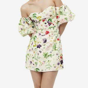H&M Off-the-shoulder Puff-sleeve Cream Floral Dress